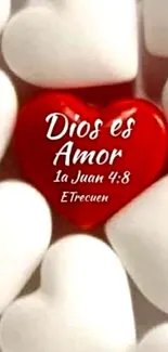 Red heart with ‘Dios es Amor’ among white hearts.