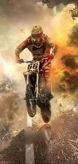 Explosive dirt bike action scene with intense colors and dynamic design.