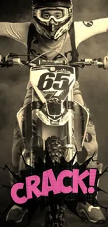 Motocross rider on a dirt bike with dynamic 'CRACK!' text in comic style.