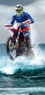 Dirt bike riding over ocean waves with a cloudy sky.