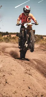 Dirt biker performing a stunt on a rugged trail under a clear sky.