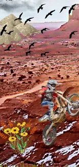 Dirt bike racing through vibrant red desert landscape with mountains and birds.