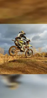 A thrilling dirt bike jumping high in nature's backdrop.