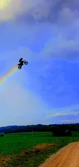 Motorbike soaring over rainbow in rural landscape.