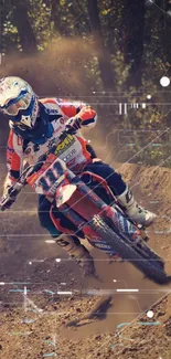 Motocross rider speeding on dirt track with digital effects.