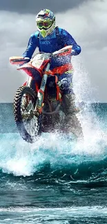 Dirt bike riding on ocean wave with cloudy sky.