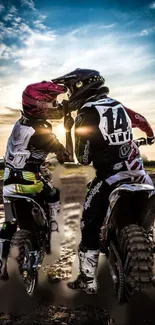 Motocross riders at sunset in dynamic pose.