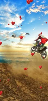 Biker riding at sunset beach with red hearts floating around.