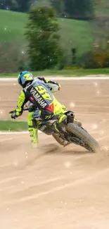 Motorcycle racing on a dirt track with vibrant colors and dynamic motion.