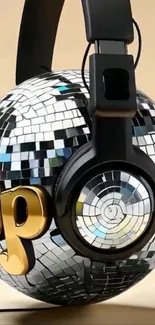 Disco ball with headphones on beige background.