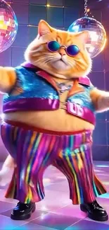 Cat in disco attire with colorful background.