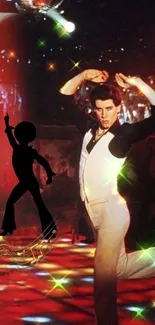 Man dancing with disco lights and colorful ambiance.