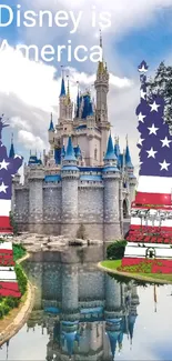 Disney castle with American elements on mobile wallpaper.