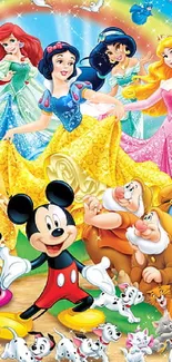 Disney characters in a colorful fantasy scene with princesses and friends.