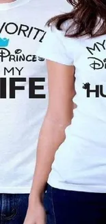 Disney couple t-shirts with fun slogans and crowns.