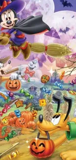 Disney Halloween wallpaper with characters and pumpkins.