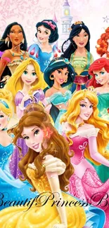 Colorful Disney princesses in iconic dresses.