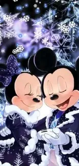 Mickey and Minnie Mouse in dark blue winter attire with snowflakes.