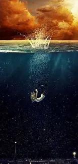 Person diving into deep blue ocean under dramatic sky.