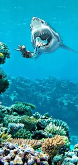 Thrilling underwater scene with diver and shark near vibrant coral reef.