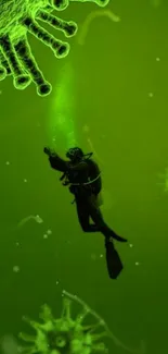 Diver exploring virus-themed green background.