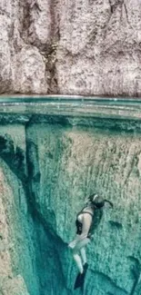 A scuba diver exploring deep, clear teal waters near rocky cliffs.