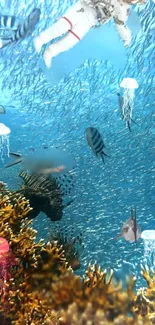 Ocean scene with diver, coral, fish, and jellyfish in bright blue waters.