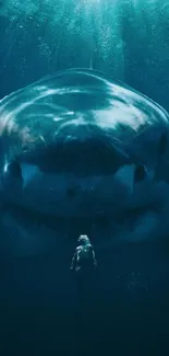 Diver encounters a massive shark in deep blue ocean waters, creating a dramatic scene.