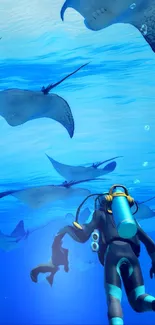 Scuba diver exploring with manta rays in blue waters.