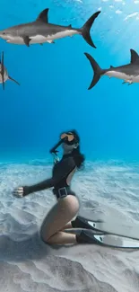 Diver in blue waters surrounded by sharks.