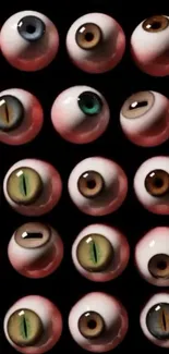 Diverse artistic eyeballs wallpaper on black background.