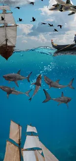 Wallpaper of ships, sharks, and jets in a mesmerizing ocean scene.