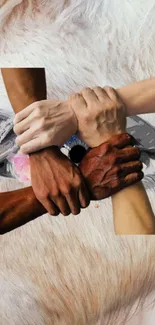 Diverse hands joined in unity on a cream background symbolizing togetherness.