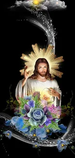 Divine celestial figure with vibrant flowers on a dark background.