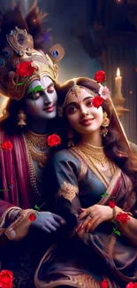 Divine couple with roses in mystical wallpaper art.