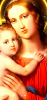 Sacred art wallpaper of mother and child with divine aura.