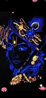 Elegant blue and gold depiction of Krishna with floral accents on a black background.