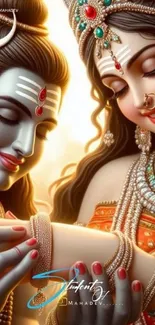 Artistic depiction of Shiva and Parvati with vibrant colors.