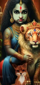 Divine deity with tiger and fox, vibrant art scene.