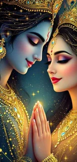 Divine duo adorned in gold and jewels in artistic wallpaper.