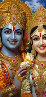 Colorful depiction of Hindu deities in ornate attire with vibrant background.
