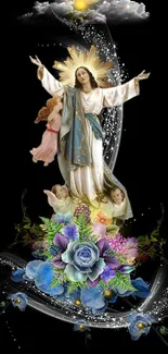 Divine figure surrounded by flowers and celestial elements on a black background.