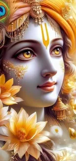 Serene divine figure with golden hues and lotus blossoms.