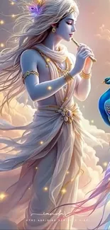 Celestial figure with flute and peacock art wallpaper.