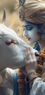 Divine figure with cow in serene setting.