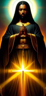 Spiritual figure with a golden cross and divine aura on a mobile wallpaper.