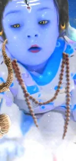 Divine baby in blue with spiritual elements.