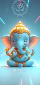 Charming blue baby elephant deity with gold ornaments in vibrant colors.