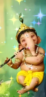 Mobile wallpaper of Baby Ganesha playing flute under a starry, mystical sky.