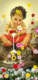 Baby Hanuman performing ritual with a nature background.